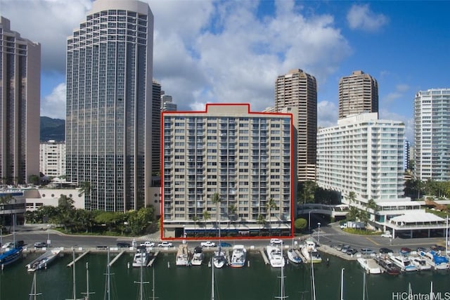 view of city with a water view