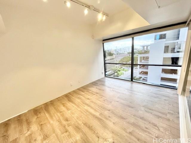 empty room with light hardwood / wood-style flooring, expansive windows, and track lighting