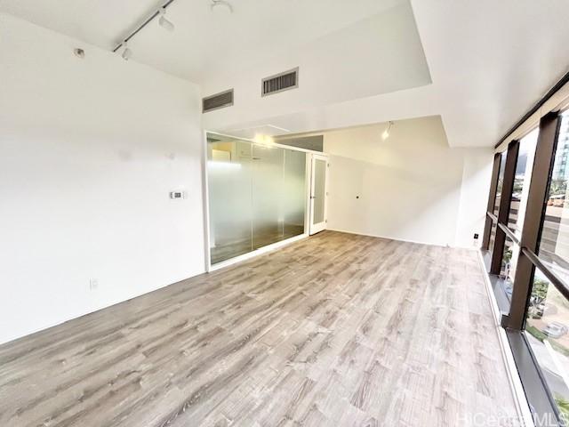 empty room featuring light hardwood / wood-style flooring and track lighting