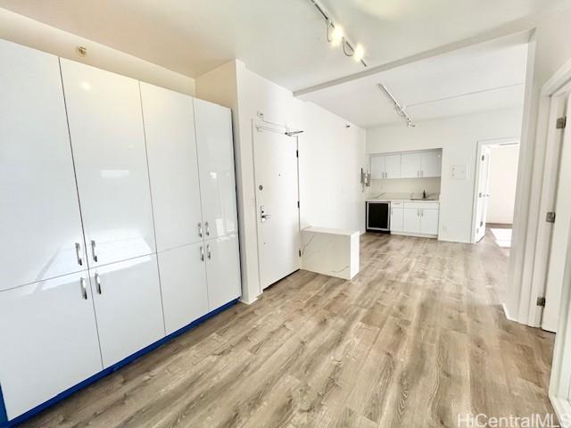 hall featuring rail lighting, sink, and light hardwood / wood-style floors