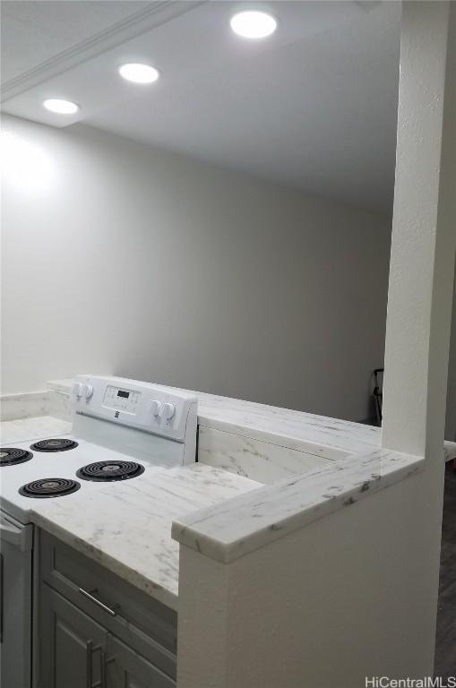 interior space featuring electric range, light stone counters, and recessed lighting