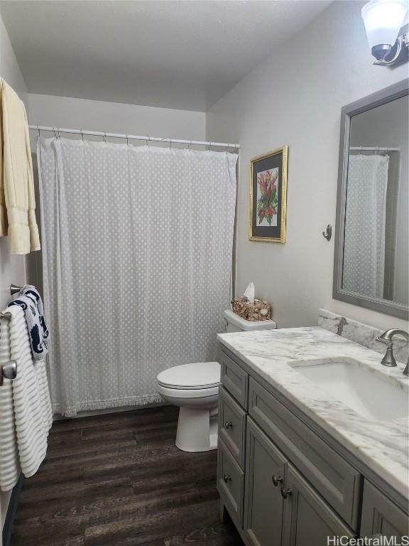 bathroom featuring vanity, wood finished floors, and toilet