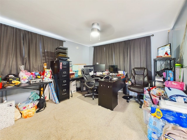 carpeted office with ceiling fan