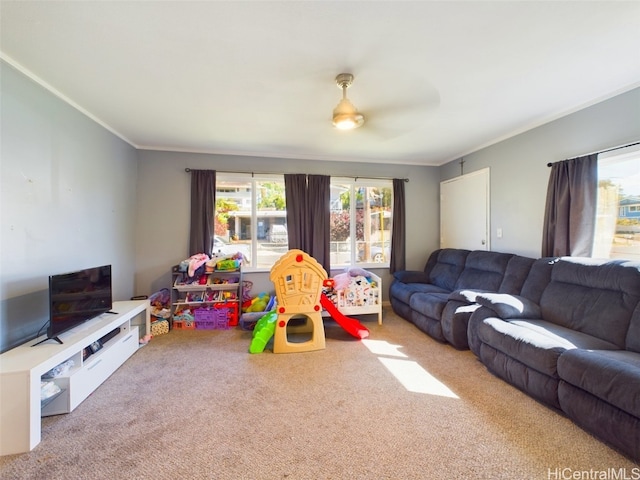 carpeted living room featuring crown molding