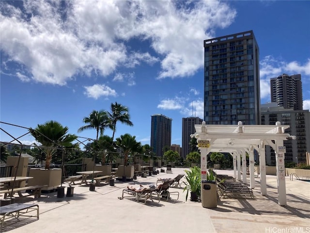 view of community featuring a city view and a patio