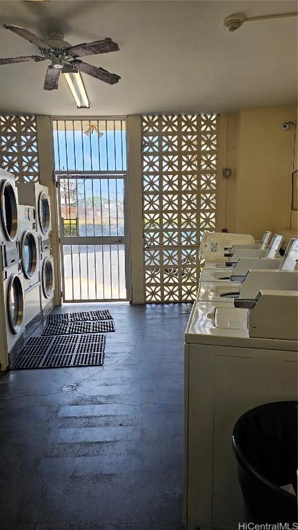 laundry area with stacked washer and dryer, separate washer and dryer, and ceiling fan