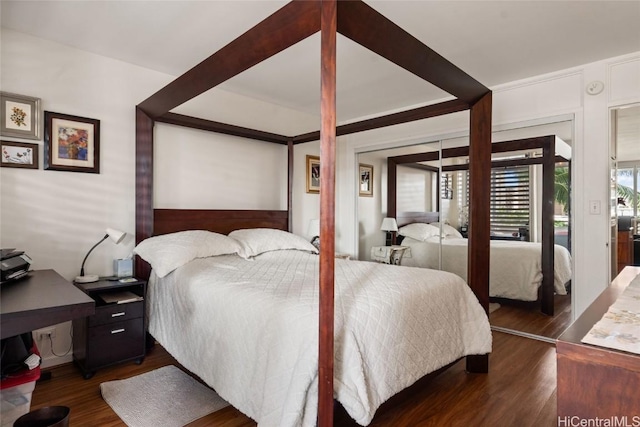 bedroom with dark hardwood / wood-style flooring and a closet