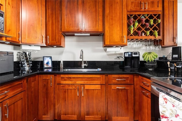 kitchen with sink, stainless steel appliances, and dark stone counters