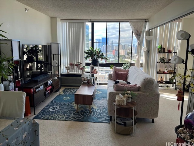 carpeted living room with a textured ceiling and a wall of windows