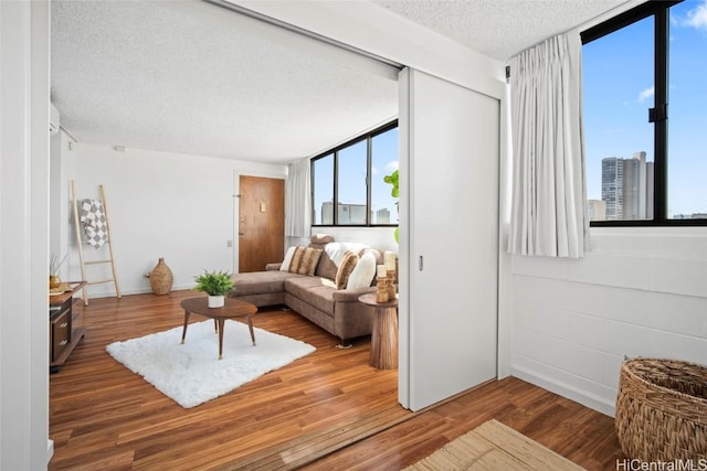 living room with a textured ceiling, wood-type flooring, and a healthy amount of sunlight