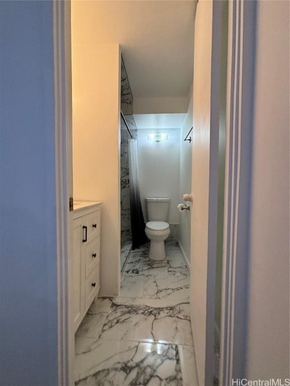 bathroom with vanity, toilet, and a shower with shower curtain