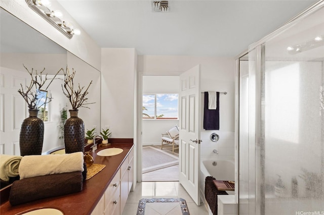 92-6012 Kohi St, Kapolei, HI 96707 - bathroom featuring tile patterned floors, double vanity, a shower with door, and a tub