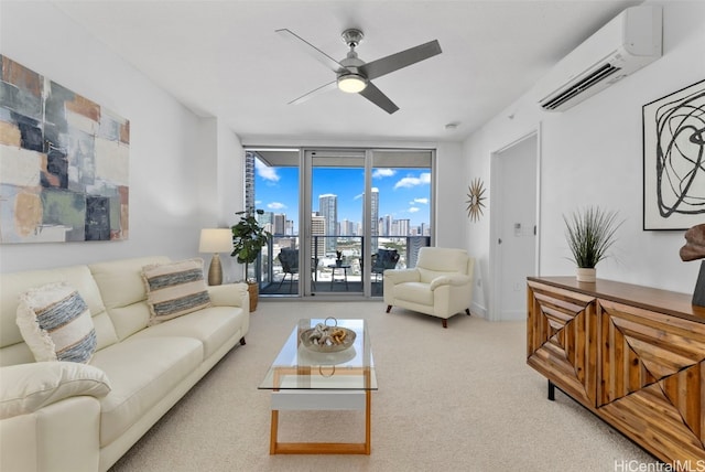 living room featuring ceiling fan, a wall of windows, light carpet, and a wall unit AC