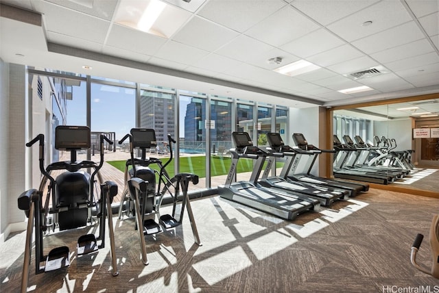 gym with carpet and a paneled ceiling