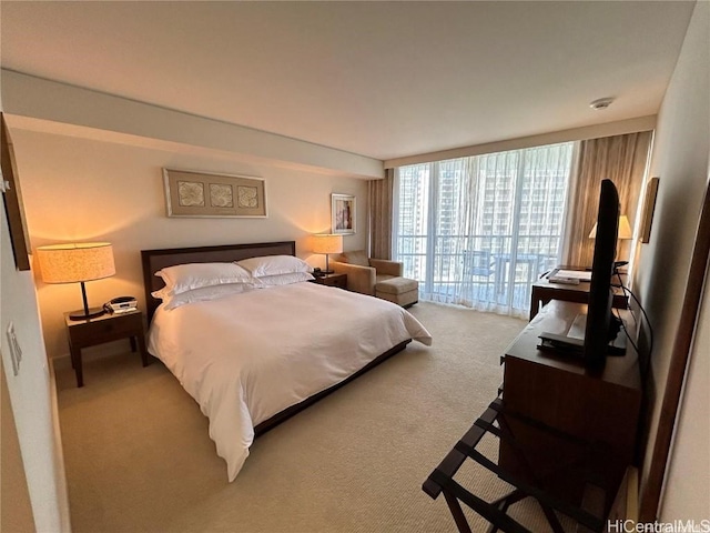 carpeted bedroom featuring floor to ceiling windows and access to exterior