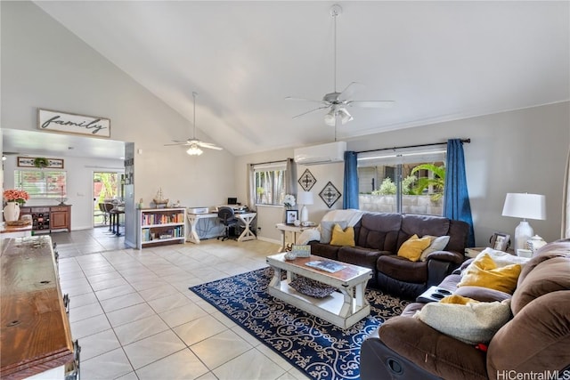 living room featuring light tile patterned flooring, high vaulted ceiling, a wall mounted AC, and ceiling fan