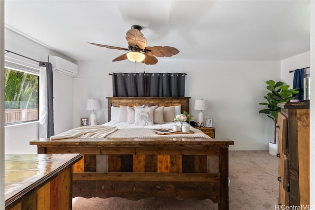 bedroom with ceiling fan, light colored carpet, and a wall unit AC