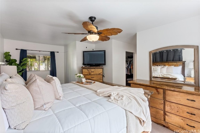 bedroom featuring ceiling fan, a closet, and a walk in closet