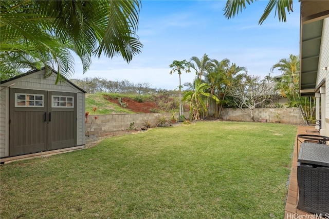 view of yard featuring a storage unit