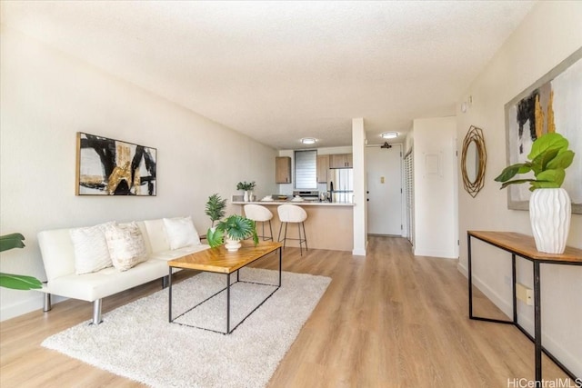 living room featuring light hardwood / wood-style flooring and a textured ceiling