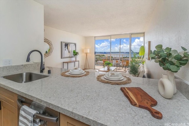 kitchen featuring light brown cabinetry, sink, a textured ceiling, dishwasher, and expansive windows