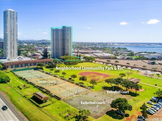 aerial view featuring a water view