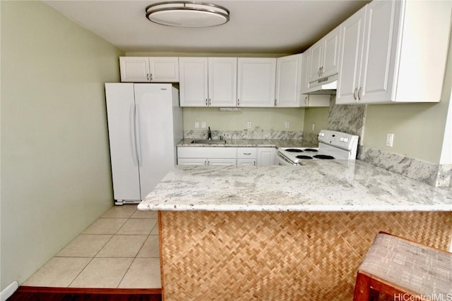 kitchen with sink, white cabinetry, light tile patterned floors, kitchen peninsula, and white appliances