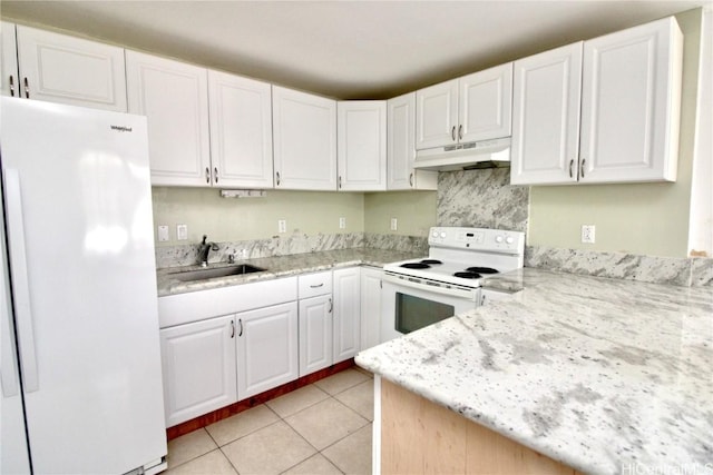 kitchen featuring sink, white appliances, light stone counters, white cabinets, and light tile patterned flooring