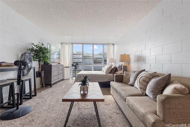 living room with light carpet and a textured ceiling