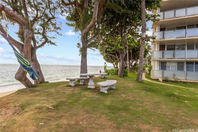 view of yard with a water view