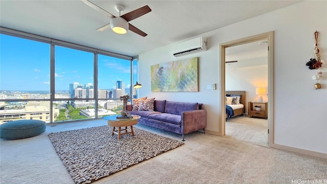 carpeted living room with ceiling fan, floor to ceiling windows, and a wall unit AC