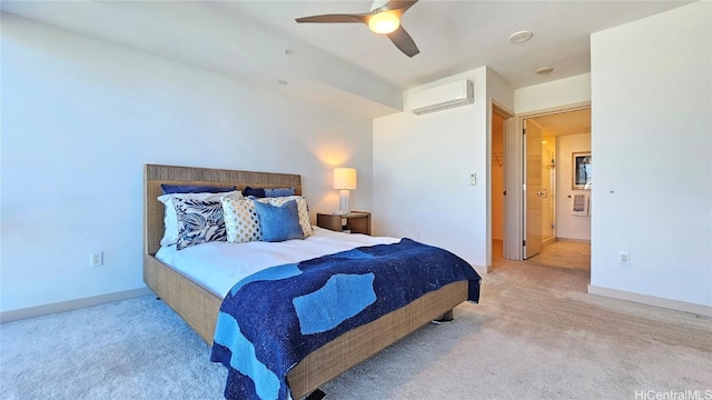 bedroom with light colored carpet, an AC wall unit, and ceiling fan