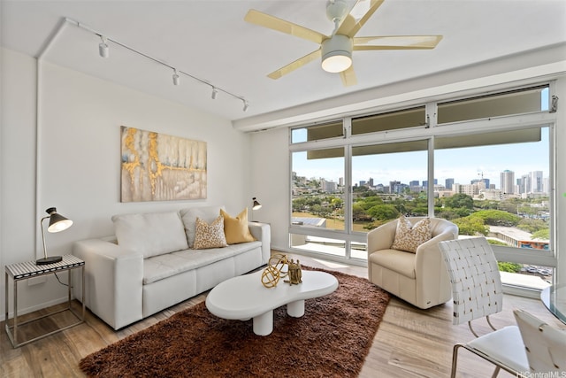 living room with rail lighting, a view of skyline, light wood-type flooring, a ceiling fan, and baseboards