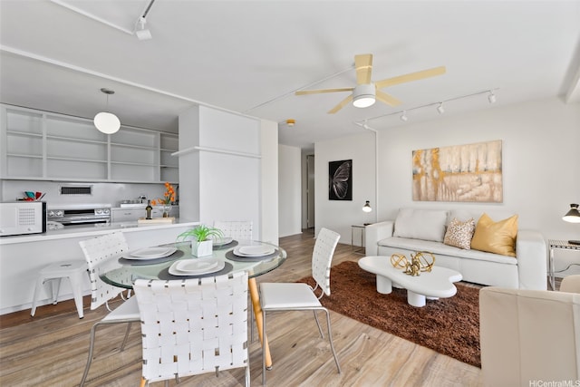 dining room featuring wood finished floors, a ceiling fan, and rail lighting