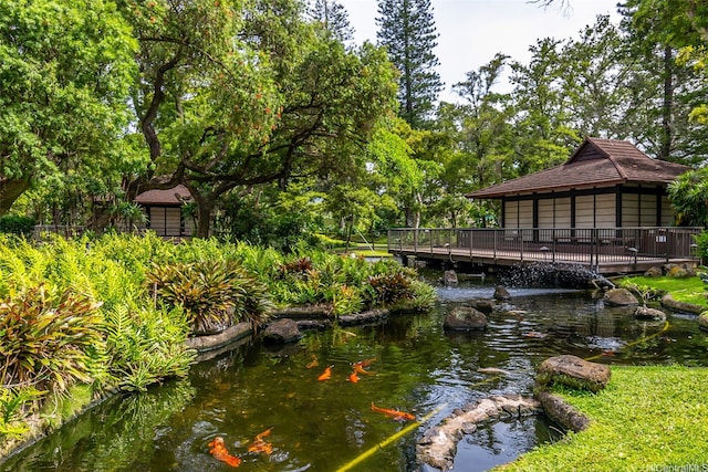 dock area with a small pond