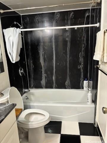 full bathroom with vanity, bathtub / shower combination, and toilet