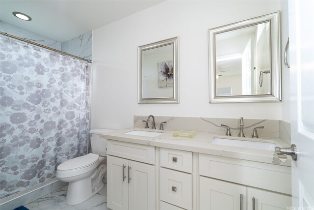 85-075 Waianae Valley Rd Unit B, Waianae, HI 96792 - full bath with double vanity, toilet, marble look tiles, and a shower with shower curtain