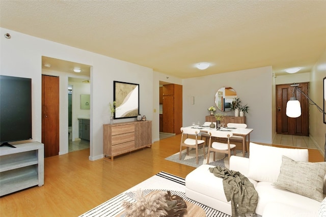 living area featuring a textured ceiling and wood finished floors