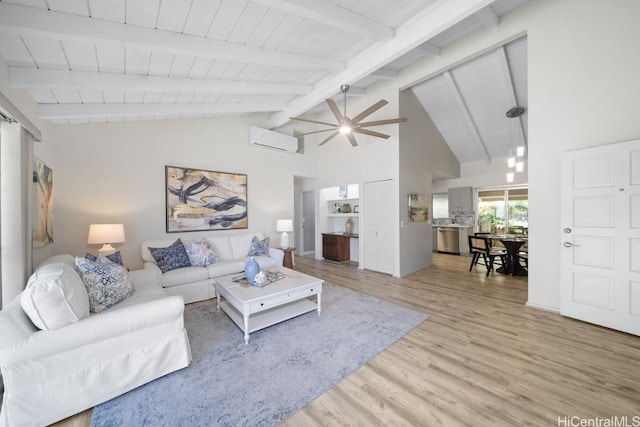 living room featuring ceiling fan, a wall mounted air conditioner, wooden ceiling, beamed ceiling, and light wood-type flooring