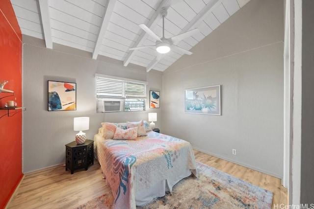 bedroom with cooling unit, light hardwood / wood-style flooring, lofted ceiling with beams, and wooden ceiling