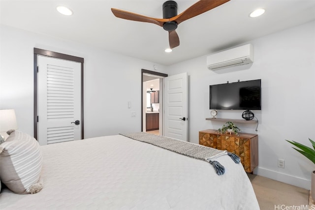 bedroom with recessed lighting, baseboards, an AC wall unit, and ceiling fan