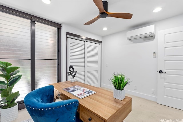 office area with a wall unit AC, carpet, baseboards, recessed lighting, and ceiling fan