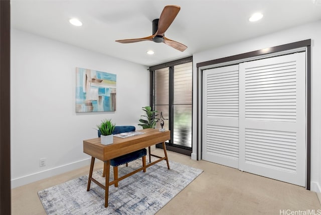 office area with recessed lighting, baseboards, and a ceiling fan