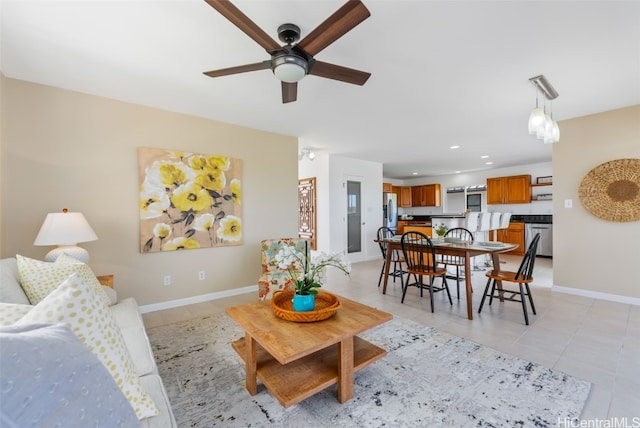 3515 Upper St, Honolulu, HI 96815 - living room with light tile patterned floors, baseboards, recessed lighting, and a ceiling fan