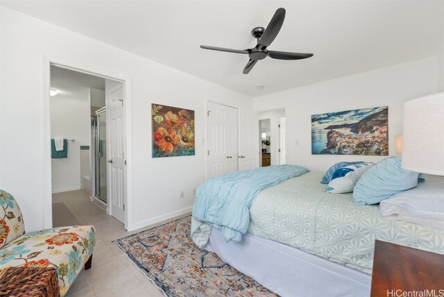 3515 Upper St, Honolulu, HI 96815 - tiled bedroom featuring baseboards, a closet, ceiling fan, and ensuite bath