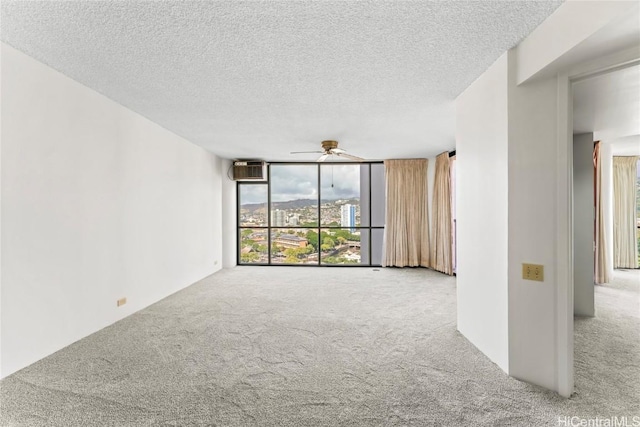 spare room featuring expansive windows, ceiling fan, carpet, and a textured ceiling