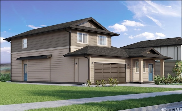 traditional home with a front lawn, a shingled roof, and a garage