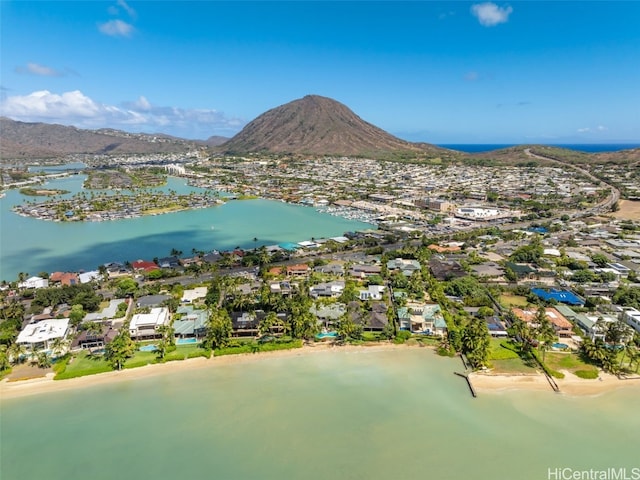 bird's eye view with a water and mountain view