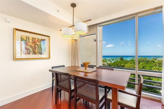 dining area featuring a water view, baseboards, and wood finished floors