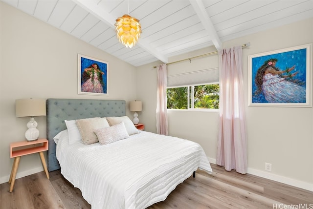 bedroom featuring lofted ceiling with beams, wood ceiling, and hardwood / wood-style floors